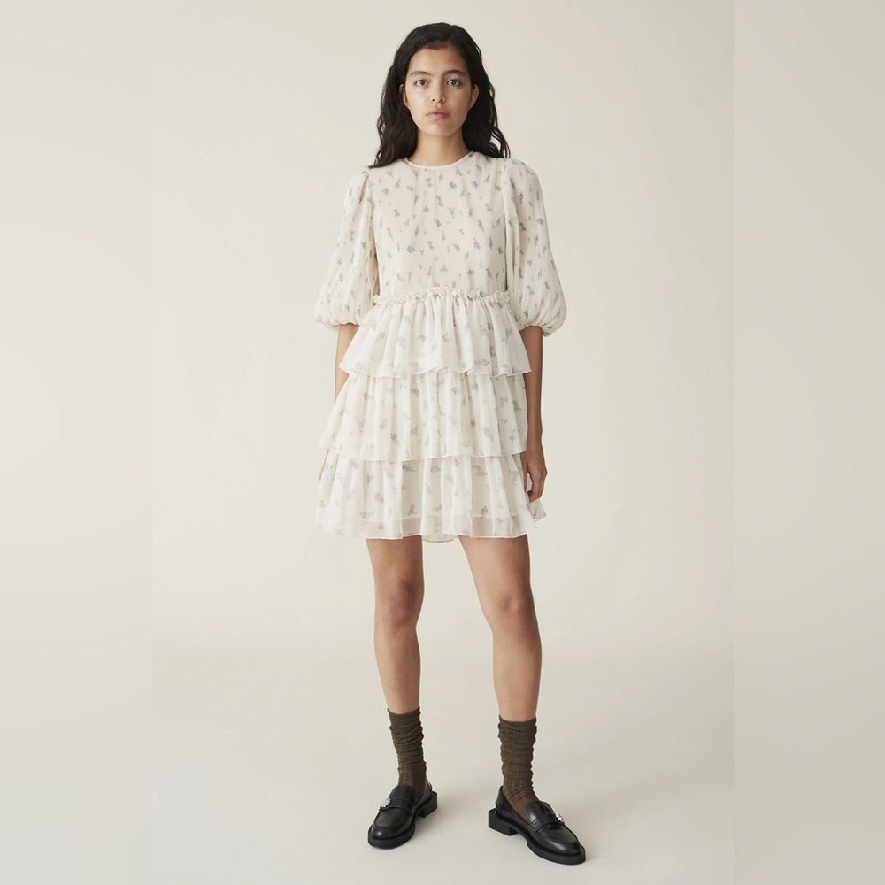 GANNI Ivory Charcoal Floral Pleated Mini Dress Georgette NWT Small 36